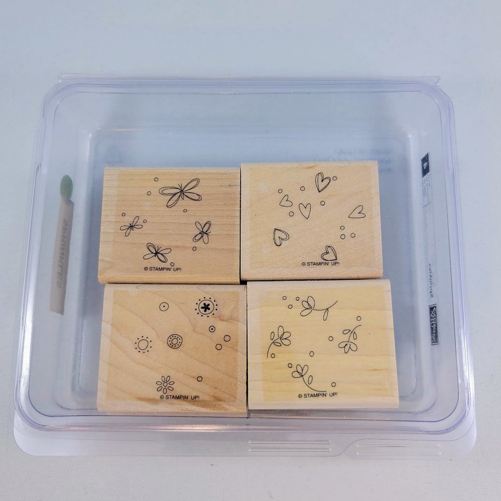 Wood Stamp Set Stampin’ Up! Sprinkles Background Butterfly Heart Flower Paper